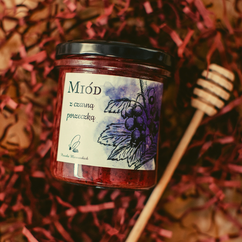 ekologiczne-miody-pasieka-morawscy-miod-z-czarna-porzeczka-na-ciemnym-tle