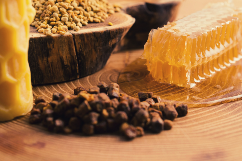 plaster-miodu-pierzga-siweca-z-wosku-pszczelego-na-drewnianym-tle