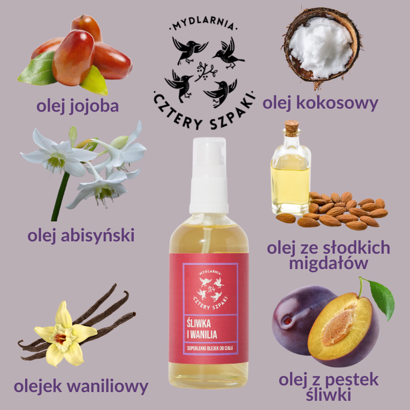 cztery-szpaki-superlekki-olejek-do-ciala-sliwka-i-wanilia-nawilzajacy-odzywczy-antyoksydacyjny-weganski-bez-konserwantow-naturalne-oleje-eteryczne-lekka-formula-100-ml