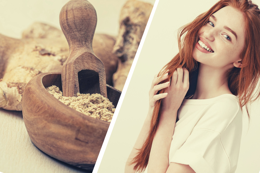 jak-imbir-dziala-na-wlosy-kolaz-zdjec-mloda-ruda-dziewczyna-z-dlugimi-wlosami-korzen-imbiru-i-proszek-w-drewnianej-misce-z-lyzka