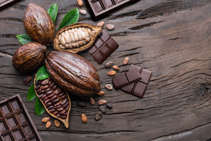 Ziarna kakaowca i kostki czekolady na tle drewnianym – naturalne źródło smaku i zdrowia
