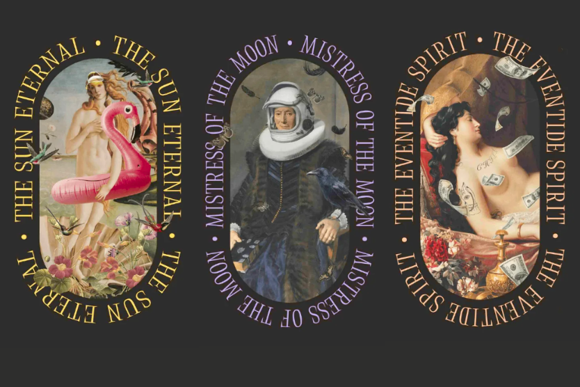 herbaty-leaf-liturgy-artystyczne-kolaże-na-czarnym-tle-the-sun-eternal-flamingo-i-klasyczna-postac-the-mistress-of-the-moon-postac-w-hełmie-z-krukiem-the-eventide-spirit-kobieta-z-banknotami