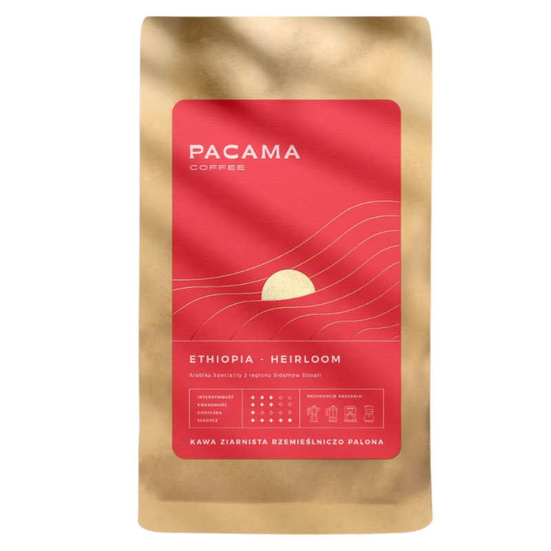 kawa ziarnista Ethiopia Heirloom 1 kg worek Pacama Coffee na białym tle