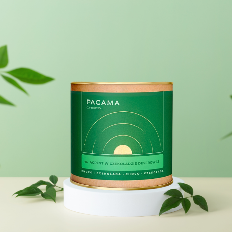 puszka agrestu w czekoladzie deserowej pacama choco na jasnym tle z liśćmi