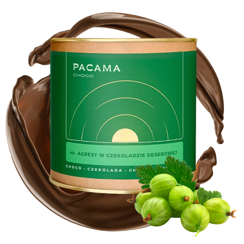 puszka pacama agrest w czekoladzie deserowej z owocami i czekoladą