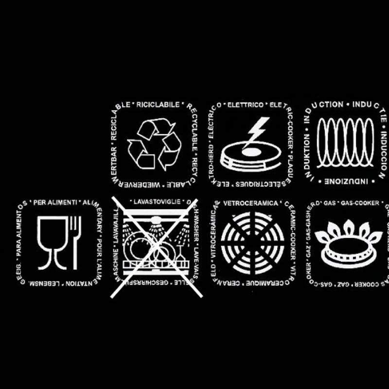 symbole techniczne kompatybilności kawiarki Bialetti z kuchenkami i myciem