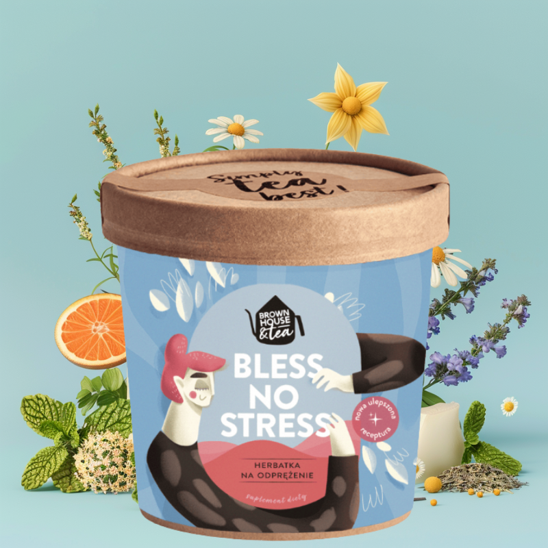 bless no stress brown house tea 50g – herbatka ziołowa z melisą i ashwagandhą w otoczeniu ziół i owoców