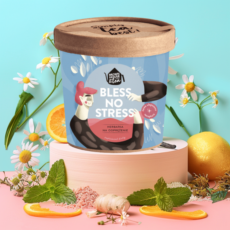 herbatka bless no stress brown house tea 50g w pastelowej aranżacji z ziołami i owocami