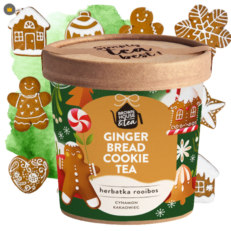 herbatka rooibos Gingerbread Cookie Tea Brown House & Tea 50 g z tłem pierniczkowym