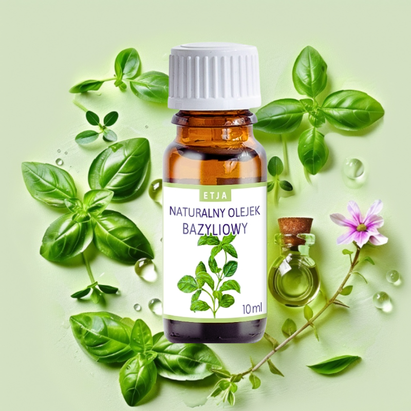 olejek eteryczny bazyliowy Etja 10 ml z liśćmi bazylii i butelką do aromaterapii