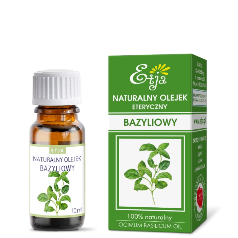 naturalny olejek eteryczny bazyliowy Etja 10 ml z opakowaniem do kominka i masażu