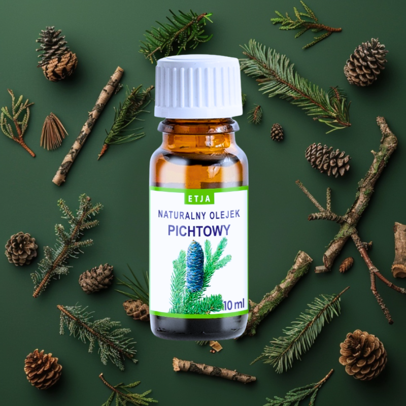 olejek eteryczny pichtowy Etja 10 ml w otoczeniu gałązek i szyszek do aromaterapii i inhalacji