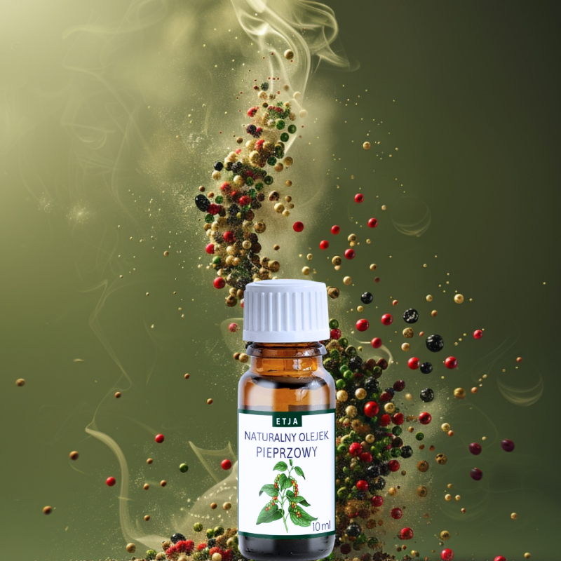 naturalny olejek eteryczny pieprzowy Etja 10 ml na tle wirujących ziaren pieprzu czarnego do dyfuzora i kąpieli