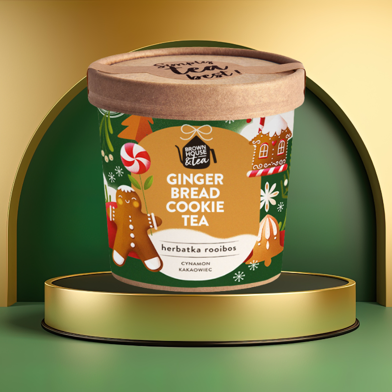 opakowanie herbaty rooibos Gingerbread Cookie Tea Brown House & Tea 50 g na złotej podstawie